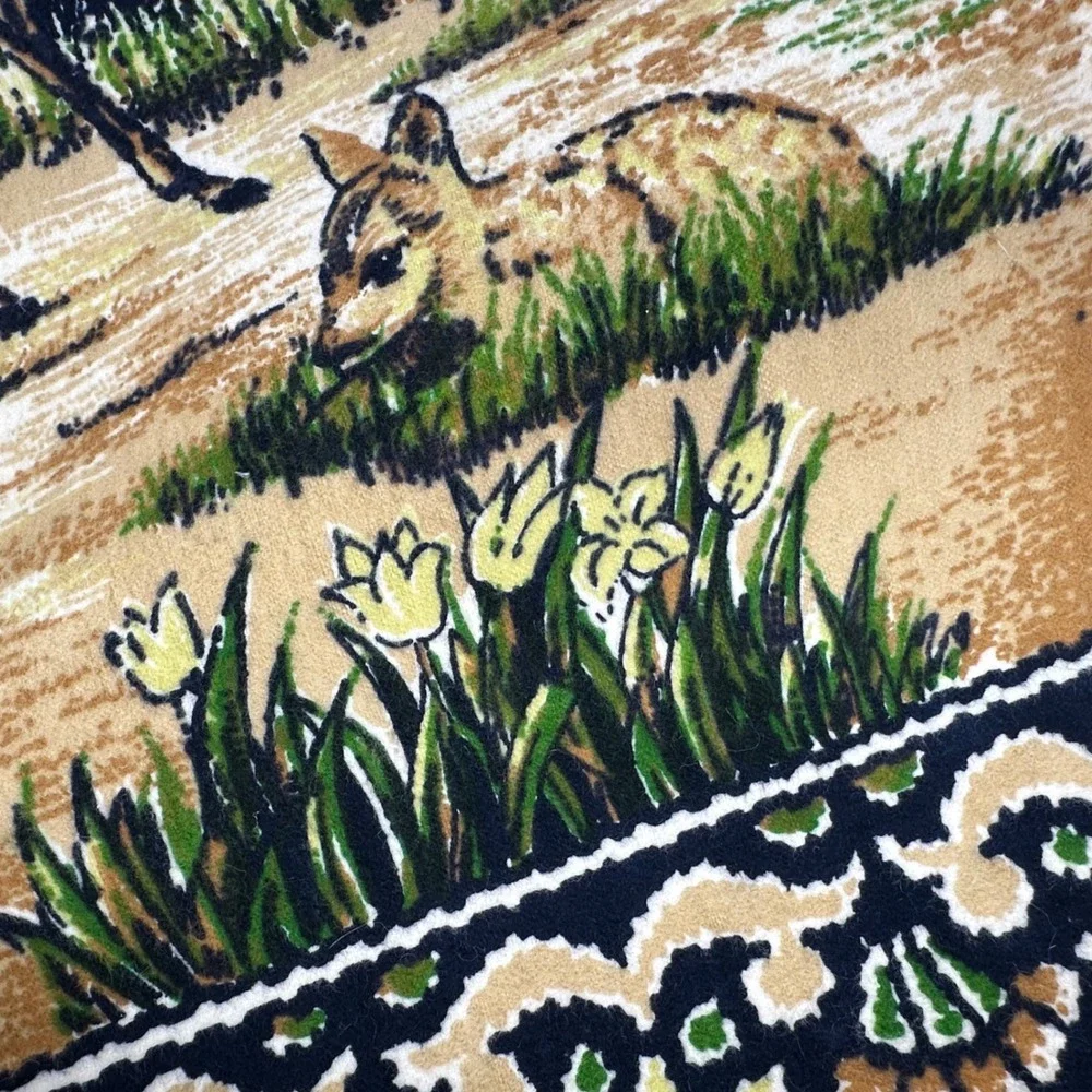 Vintage Velvet Wall Hanging Deer Family Mountain Landscape Blue Green Excellent